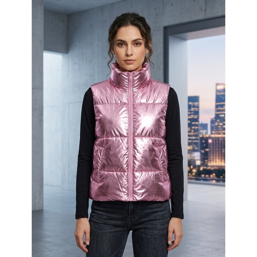 No Boundaries Womens Puffer Vest Metallic Pink XS Quilted Zip Up Cropped Bungee